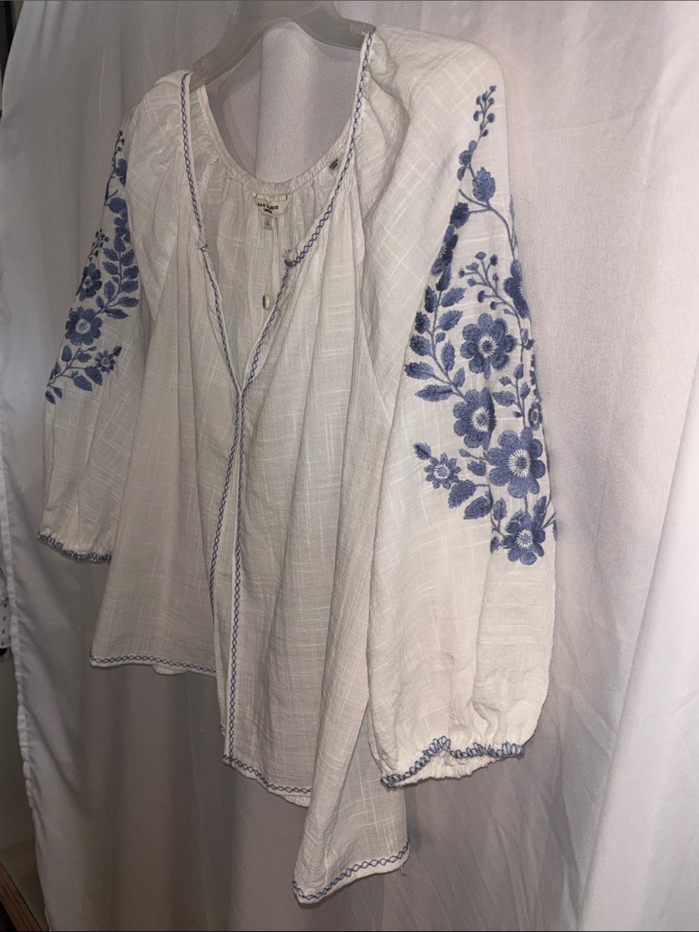 Max Studio White Peasant Blouse with Blue Floral Sleeve Embroidery - Picture 11 of 13